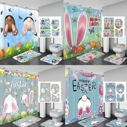 1件/4件套复活节兔子主题浴室套装：卡通兔子、彩色彩蛋、带12个挂钩的花卉图案浴帘、浴室地垫、U型马桶垫、马桶盖套、浴室隔断、浴室配件、浴室装饰