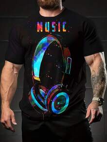 Men's 3D Digital Print Music-Themed T-Shirt With Colorful Sound Waves & Headphones Graphic, Breathable Round Neck Short Sleeve Tee For Summer Casual Wear, Gym, Sports - Machine Washable, Ideal Gift For Men & Teens, Music T Shirts, Gym Apparel,  Youth Style, Comfortable Fit Shirt - 混合色 - 查看 2