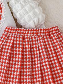两件套女童格子爱心印花泡泡袖上衣+百褶裙，甜美学院风休闲时尚 - 白色 - 查看 7