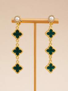 1 Pair Faux Pearl & Clover Clip-On Earrings, Elegant & Versatile Fashion Accessory, Ideal Gift For Valentine's Day, New Year, Banquet, Wedding And Other Occasions - Green - View 4