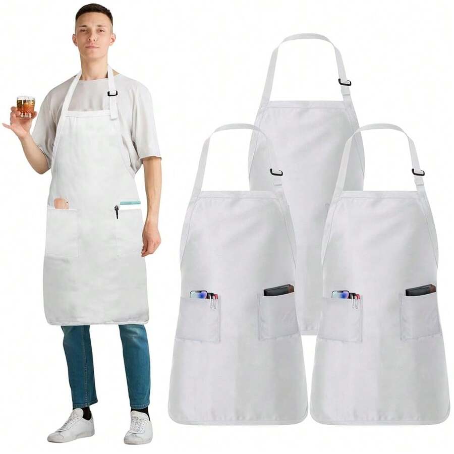 Adjustable Cotton Chef Aprons With 2 Pockets And Complimentary Bandana, Kitchen Apron For Women And Men,3Pack-White - 3Pack-white - View 1