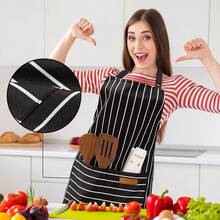 2 Pack Adjustable Bib Apron With 2 Pockets Chef CooFKing Kitchen Restaurant Aprons For Women Men,Black/FFBlackssstripes - 黑色/F黑色條紋 - 查看 5