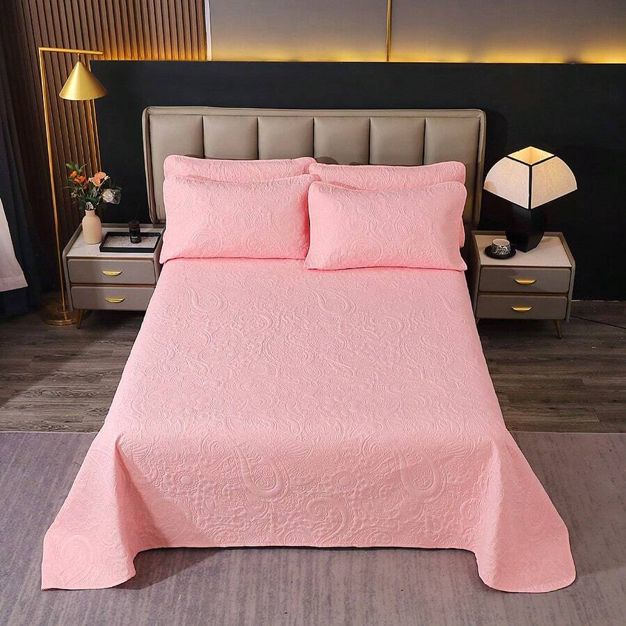 Modern Style, Polyester Fiber, Embossed Bedspread 3 Pieces Set, Stain Resistant, Suitable For Living Room, Bedroom, Hotel - Pink - View 1