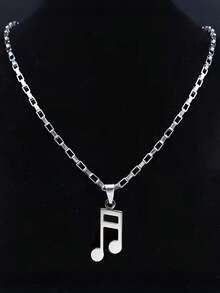 Punk Rock Stainless Steel Silver Music Necklace With Hollow Music Note Pendant, Suitable As Gift For Boyfriend, Music Lover, Daily Wear - Silver-03 - View 2