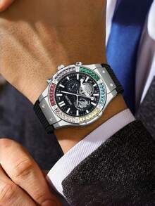 Reloj de hombre de marca MSCXDK, correa de silicona, esfera decorada con cristales, reloj deportivo militar casual (sin caja) - Plateado - Ver 2