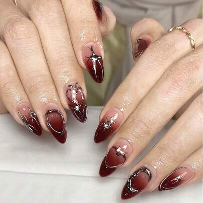 10片情人节心形亚克力美甲片，银色镀铬全息中号杏仁形按压式美甲片，Y2K红色渐变3D立体假指甲套装，饰有金属镀铬/星星/水钻装饰，适合美甲沙龙、女孩和女士日常佩戴、节日、派对和礼品包装