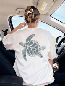 Women's Summer New Simple Cute Sea Turtle Print Casual Vacation Style Loose Fit Round Neck Apricot Short Sleeve T-Shirt, Fashionable Everyday Top, Suitable For Daily Vacation Wear, White Top - trắng - Xem 5