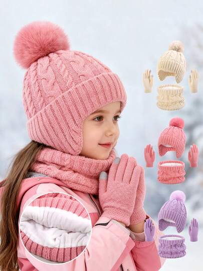 3pcs/Set Kids Hat, Gloves & Scarf Set, Thermal Lined Earflap Knit Beanie Hat, Winter Warm Accessories For Boys & Girls