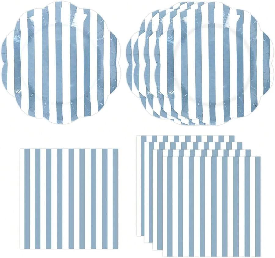 50PCS Sage Green Striped Paper Plates And Napkins Party Supplies, Green And White Scalloped Party Plates And Napkins Tableware Set For Birthday Bridal &Amp; Baby Shower Wedding Party Dration - Blue - 查看 1