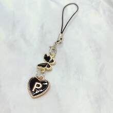 1pc Metal Heart & English Letter A-Z Pendant Phone Lanyard, Black Vintage Style A-Z Letter & Elegant Butterfly Phone Charm