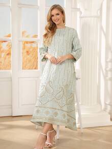 ASBB 重工刺繡金色亮片阿拉伯女款 JALABIYA 圓領金色領結綠色優雅洋裝，2026年秋季派對度假休閒穿著 - 薄荷綠 - 查看 10