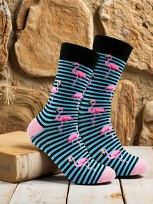 1 Pair Men's Mid-Calf Socks With Flamingo Pattern, Men's Striped Flamingo Casual Socks, Fall - Multicolor - View 1