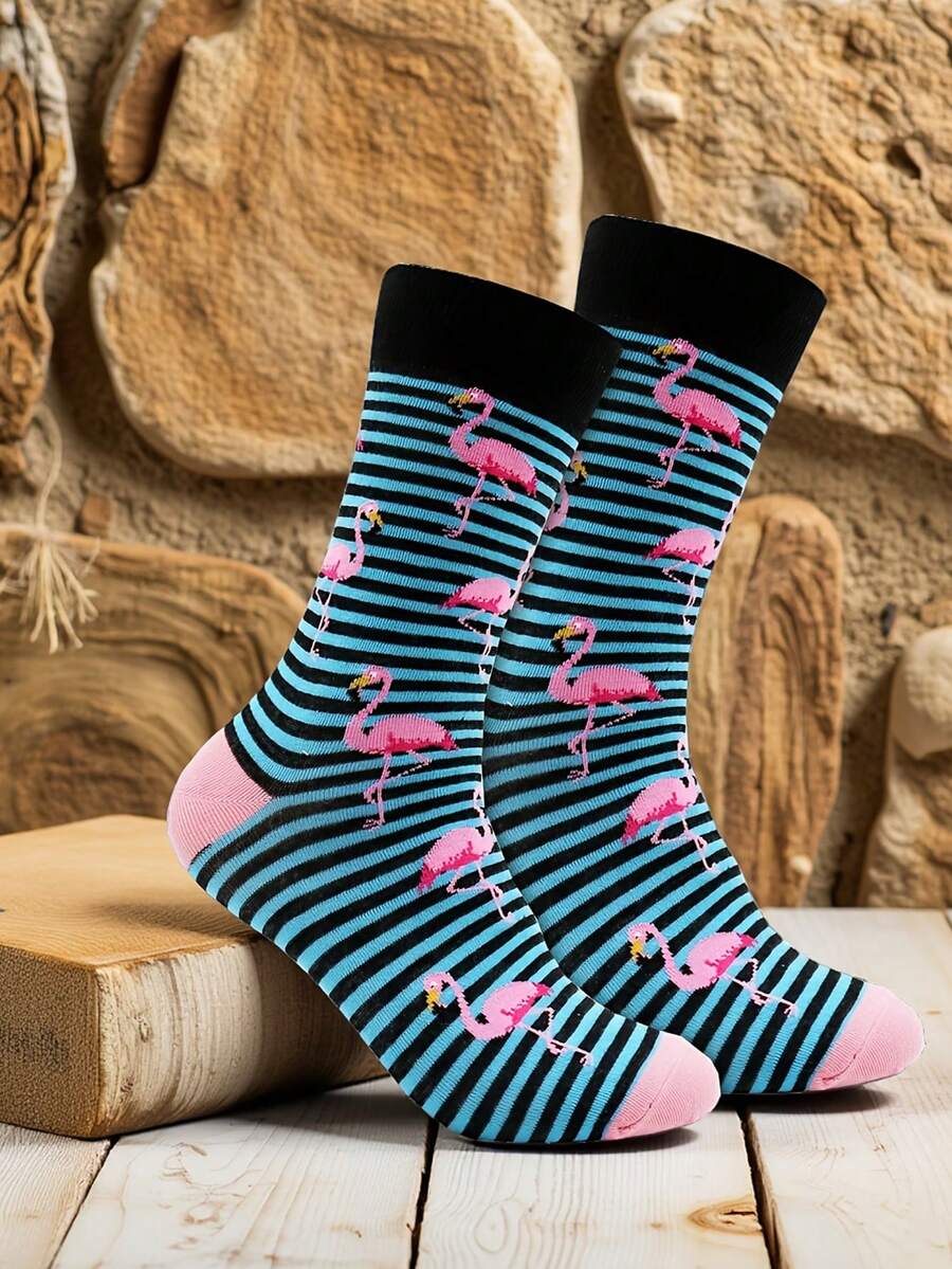 1 Pair Men's Mid-Calf Socks With Flamingo Pattern, Men's Striped Flamingo Casual Socks, Fall - Multicolor - View 1