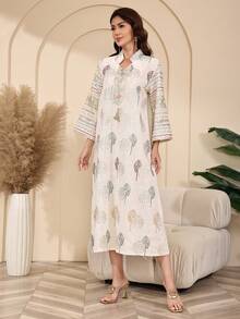 优雅刺绣阿拉伯风格连衣裙，JALABIA 领口拼接刺绣，时尚优雅的2026新款斋月传统服饰 - 白色 - 查看 7