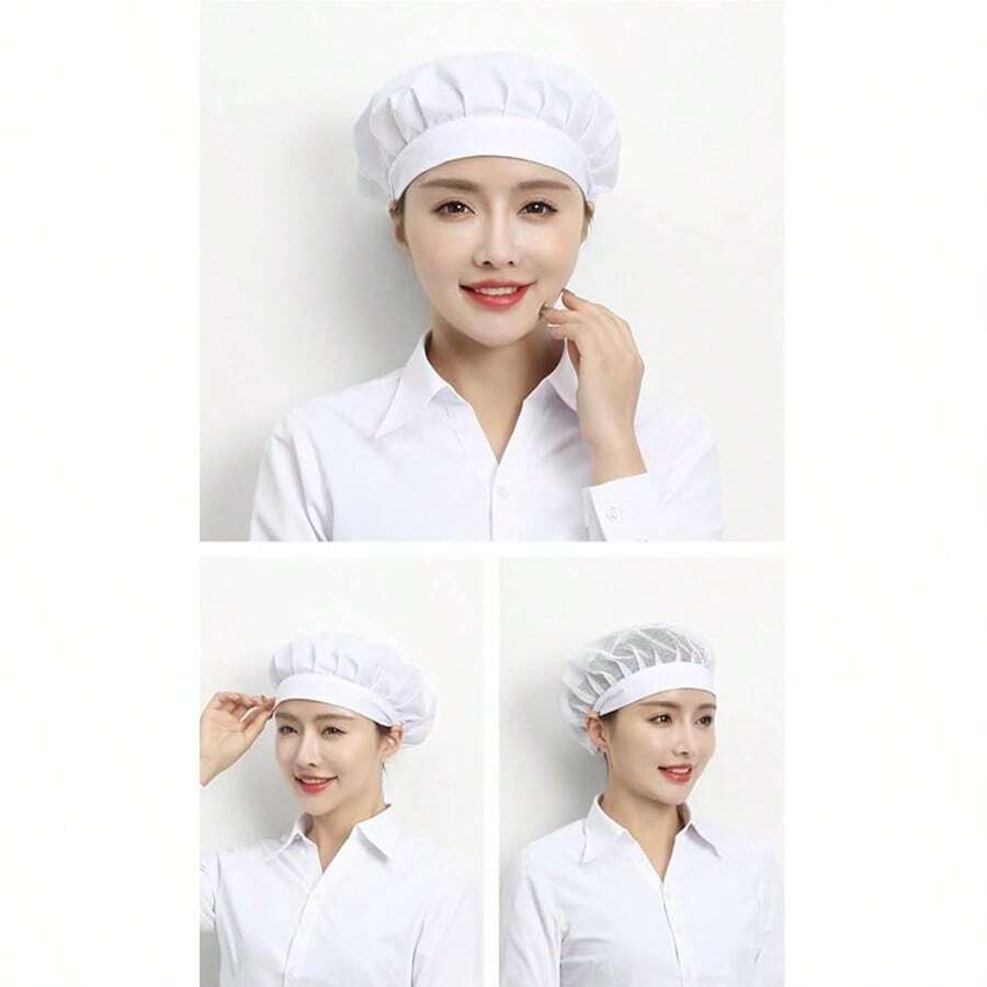 1-Piece & 3-Piece Packs Neutral White Chef Hats | Elastic Mesh Hair Nets - Adjustable Work Hats For Chefs, Bakers & Servers | Ideal For Kitchen Cooking & Food Service - 白色 - 查看 1