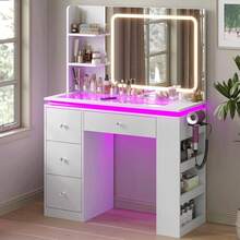 CollaredEagle Vanity Desk With Mirror And Lights,Transparent Top Vanitys With 2 RGB Drawers, A Variety Of Lighting Modes Brightness Adjustable,Power Outlet, Side-Mounted Large-Capacity Storage, White - Xem 1