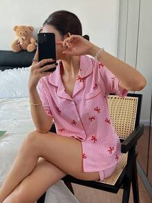 情人节红色蝴蝶结条纹印花短袖短裤睡衣套装（女士款） - 紅色 - 查看 1