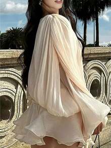 Women's Elegant Satin Silk Ruffle Flowy Mini Dress Y2k Long Lantern Sleeve Tie-Up Front Pleated Dress High Waist Spliced Short Dress Club Cocktail Party Outfits Streetwear - 杏色 - 查看 4