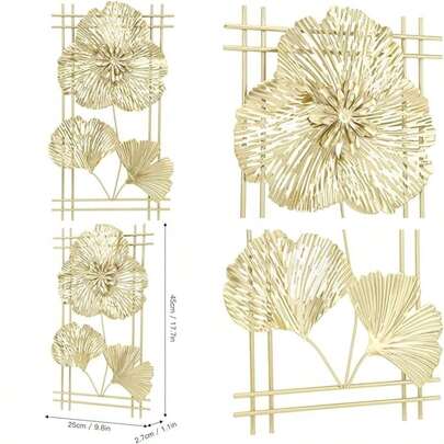 Decoración de Pared Arte Metal Moderno Diseño 3D Hoja Ginkgo Dorado Escultura Colgante Hierro Forjado Duradero para Sala Estar Dormitorio Oficina(default)