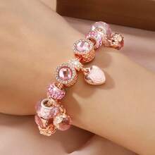 1pc 19cm/7.48in Double Layer Rose Petal Heart Pendant Bracelet, Elegant Handmade Jewelry With Sparkling Rhinestone Polymer Clay Spacer Beads And Snake Chain, Perfect Gift For Mom, Daughter, Sister Or Girlfriend On Valentine's Day, Birthday, Christmas And Anniversary - Rose Gold - View 7