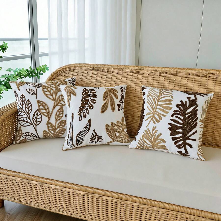 1pc Vintage Brown & Gold Leaf Embroidery Cushion Cover, Retro Botanical Texture Throw Pillow Case For Bed, Sofa - Multicolor - View 1