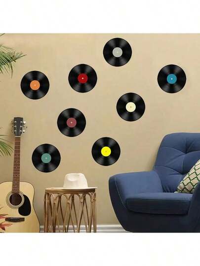 8pcs Vintage Music Album Cover Wall Stickers, High Definition Waterproof PVC Self-Adhesive Decorative Wall Decals, Personalized Retro Vinyl Record Decor For Home, Bedroom, Living Room, Hallway, Ins Style