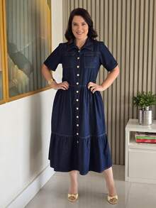 Vestido Jeans feminino com Botões Funcionais e Barra de Babado – Elegância Casual - Lavagem escura - Visão 1