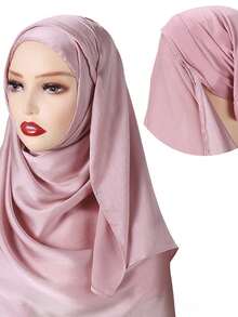 1 Set Instant Hijab With Modal Bonnet, Convenient Chiffon Muslim Headscarf That Doesn't Fall Off Easily, Modest Hijab - Multicolor - View 12