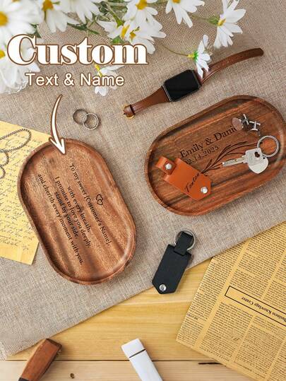 Bandeja de joyería ovalada de madera personalizada, bandeja de almacenamiento de madera personalizada, grabada con láser, bandeja de baratijas personalizada, soporte para anillo de compromiso, bandeja de café de madera, tabla de servir, bandeja para juego de té adecuada para decoración del hogar, catering, banquetes y eventos especiales, regalos de novedad/cumpleaños/Día de San Valentín/inauguración de la casa/Día del Padre, decoración del hogar, muebles del hogar, artículos del hogar.