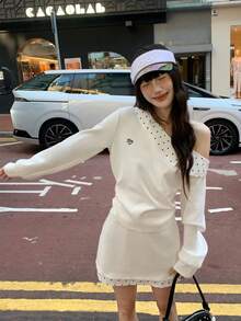 Y6Y 2-Piece Set: Polka Dot Splice Design Asymmetrical Shoulder Long Sleeve Top And High Waist Bodycon Mini Skirt, Soft Korean Style, New Arrival Autumn/Winter 2025