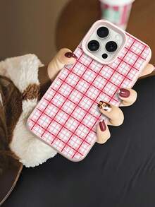 1pc Plaid Pattern, Large Hole Liquid Pink Shockproof Phone Protective Case, Silicone Material, Can Be Given As Holiday Gift, Compatible With IPhone Xs/Xsmax/Xr/11 12 13 14 15 16pro/Promax/14 15 16plus/17, Unisex - Multicolor - View 1