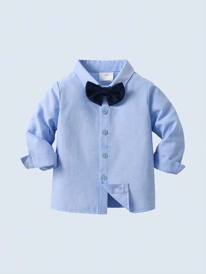 BOARNSEORL 3pcs Young Boys Gentleman Suit Set: Blue Shirt With Bowknot, Navy Vest And Trousers, Fashion & , Suitable For Birthday Party, Wedding, Pageboy, Holiday Formal Occasion