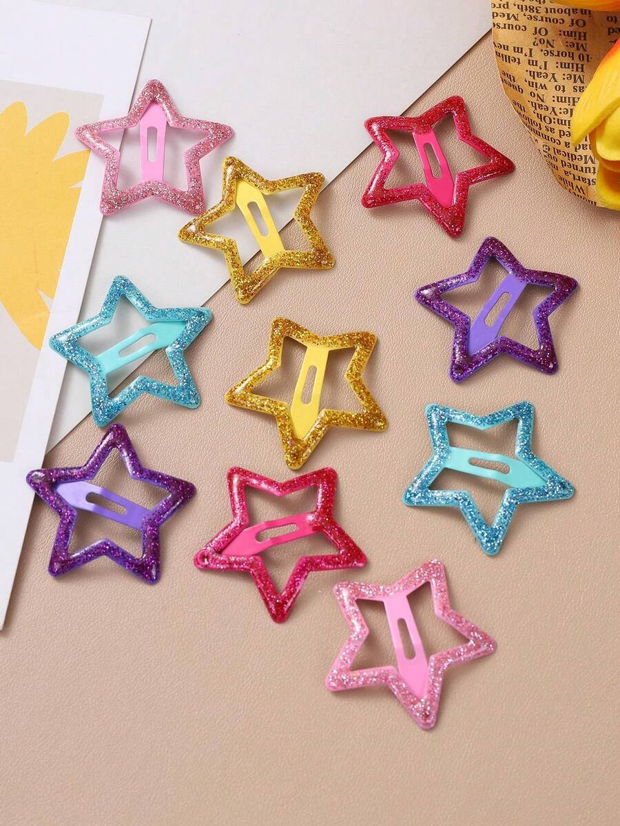 10/25/48pcs Colorful Glitter Star Hair Clips, Sweet & Stylish Decor For Girls, Holiday Party Hair Accessories - Multicolor - View 1