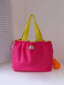 Large Capacity Drawstring Closure Washable Grocery Shopping Tote Bag, Foldable Handheld Storage Bag (All Printed Letters Random) - Hot Pink - View 3