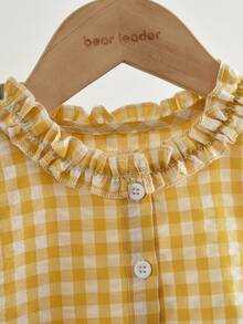 2pcs/Set Young Girl's Fashionable Floral Trim Plaid Vest And Pants Set, Summer - Yellow - View 3