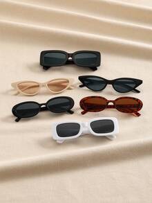 6pcs Women's Plastic Square & Oval Cat Eye Frame Fashion Sunglasses, Suitable For Outdoor Travel, Beach, Rave Party, Daily Wear - 6PCS 黑白灰米白茶 - 查看 4