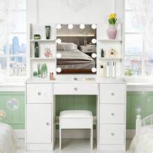 Large Dressing Table Stool Set With LED Lights Mirror, White Vanity Make Up Desk - White - View 2