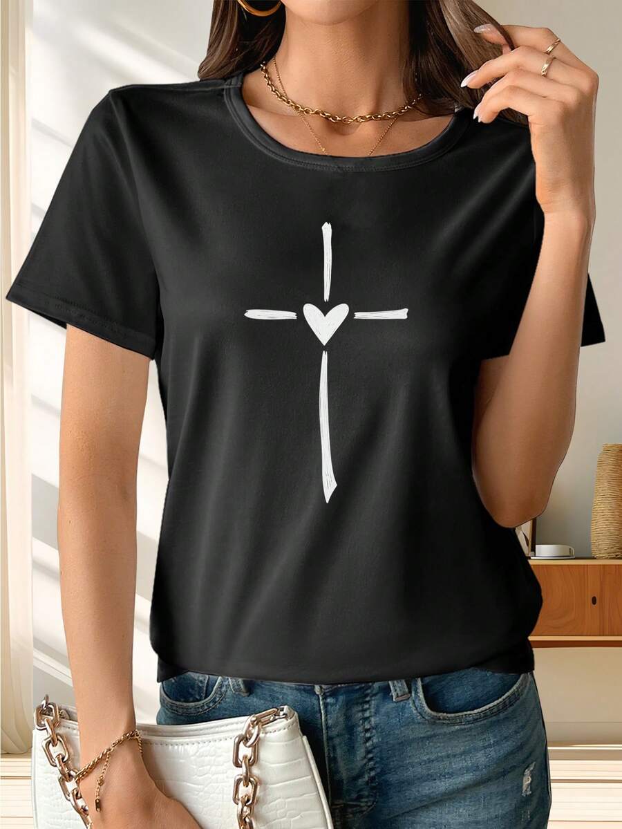 Camiseta de Mujer con Estampado de Cruz y Corazón - Suave, Elástica, Transpirable, Manga Corta, Cuello Redondo, Ropa Casual para Iglesia, con Cruz y Corazón - - Primavera Verano Otoño Diario - Negro - Ver 1