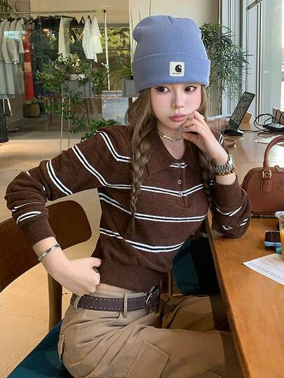 Y6Y 2025 New Autumn/Winter Brown Striped Polo Knit Sweater, Contrast Color Long Sleeve Pullover Top For Women