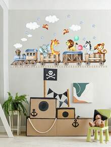 1pc Creative Watercolor Animal Hippopotamus, Zebra, Leopard, Giraffe, Train Pattern Self-Adhesive Wall Sticker, Nursery Decor, Girls/Boys Bedroom, Hallway, Living Room, Balcony Home Wall Decor - Multicolor - View 6