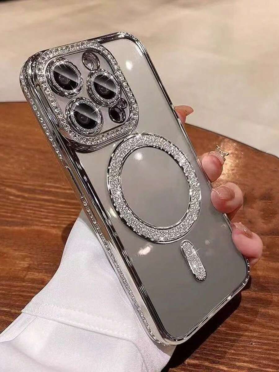 2025 Luxury Rhinestone Studded Phone Case, Compatible With IPhone 17 AIR 16 15 14 13 12 11 Pro Max Plus, Magnetic Transparent Lens Protection - Silver - View 1