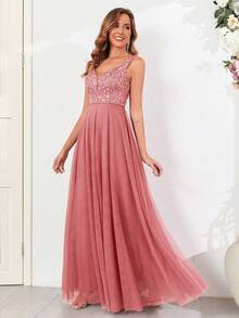 Đầm dạ hội dáng chữ A không tay cổ tim đính sequin lưới cho nữ mùa xuân và hè, đầm dự tiệc cưới thanh lịch, đầm tốt nghiệp, đầm dạ tiệc, đầm hóa trang lễ hội. - Màu Hồng  San hô - Xem 8