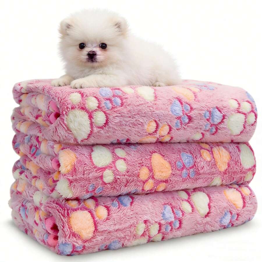 Pink Paw Print Pet Blanket, Soft Plush Small Dog Bed Mat, Washable Medium To Large Dog Blanket - Pink - View 1