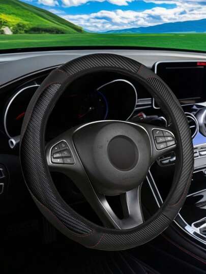 1 pezzo Coprivolante in pelle e fibra di carbonio, comodo, adatto a volanti da 14,5-15 pollici, con fascia elastica, accessorio per interni auto unisex, adatto per tutte le stagioni