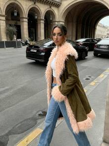 معطف أنيق أخضر زيتوني للنساء، جاكيت طويل مزين بفرو وردي اصطناعي، معطف فرو اصطناعي عصري بتصميم زوجة المافيا للحفلات الكرنفالية والسهرات الليلية - بني - مشاهدة 5