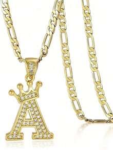 1pc Elegant Minimalist Gold-Tone Cubic Zirconia Letter Pendant Necklace With Figaro Chain, Street Fashion Jewelry - Gold - View 4