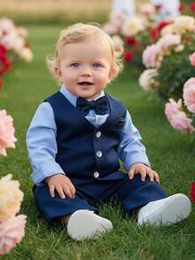 BOARNSEORL 3pcs Baby Boys Gentleman Outfit Set: Long Sleeve Shirt With Bow Tie, Navy Vest, And Pants, Fashionable & For New Year's Eve, Christmas Party, Wedding, Banquet - Navy Blue - View 2