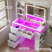 CollaredEagle Vanity Desk With Mirror And Lights,Transparent Top Vanitys With 2 RGB Drawers, A Variety Of Lighting Modes Brightness Adjustable,Power Outlet, Side-Mounted Large-Capacity Storage, White - Xem 2