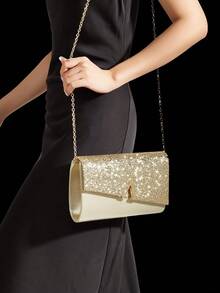 Shiny Sequin Evening Bag And Prom Bag, Fashionable New Women's Party Bag With V-Shaped Bridal Wedding Design, Paired With A Sparkling Three Pieces Evening Rhinestone Jewelry Set: Delicate Y-Shaped Chain Rhinestone Pendant Necklace, Earrings, And Bracelet, Suitable For Girls Attending Parties, Weddings, And Evening Events. - Gold - View 7