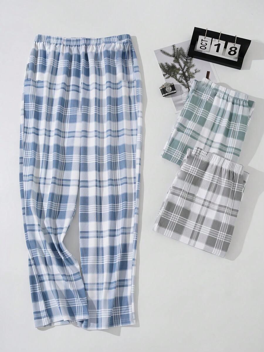 Bộ 3 quần pajama nam in họa tiết kẻ caro, thích hợp cho mùa xuân/hè. - Nhiều màu - Xem 1